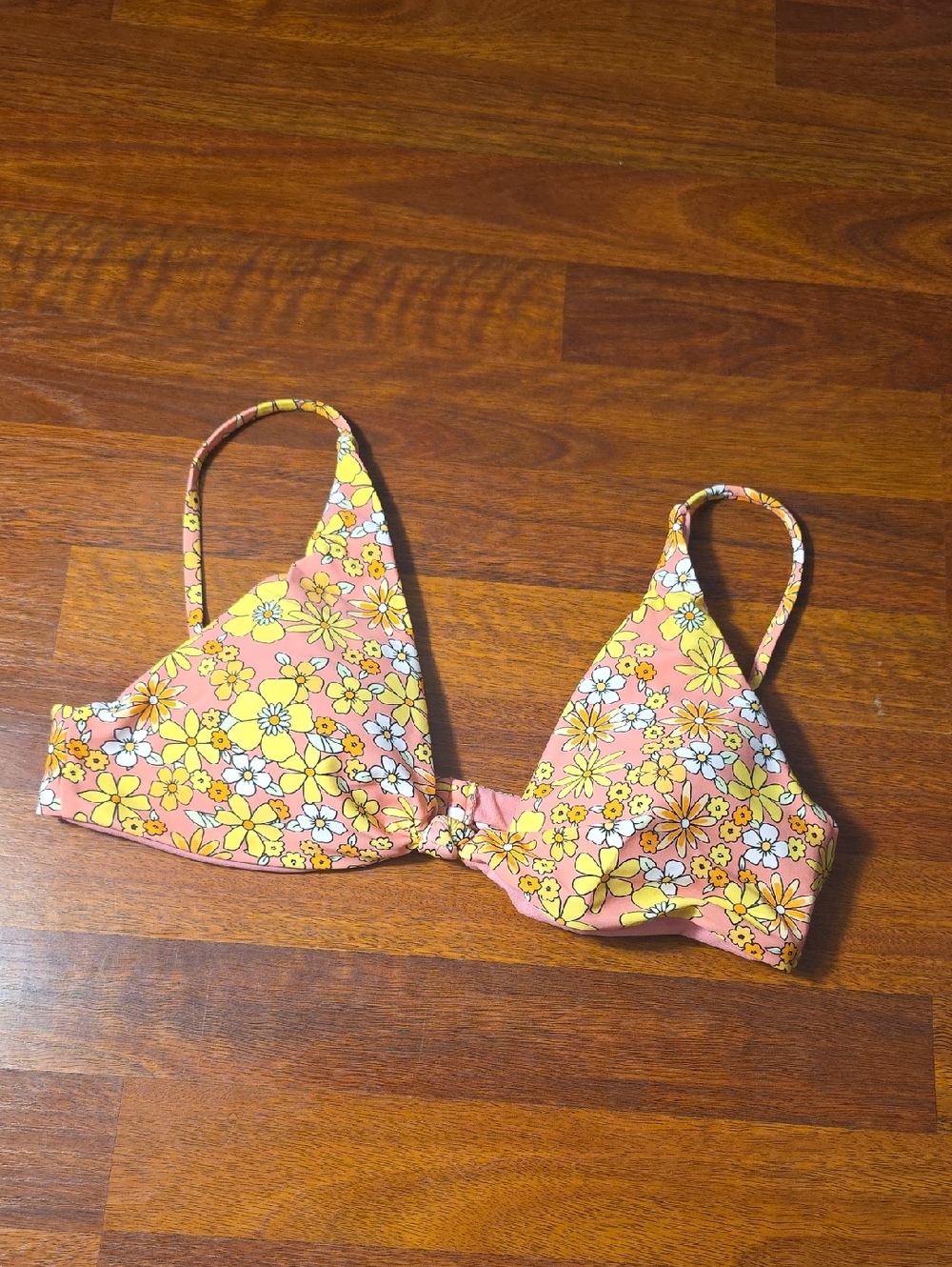Floral Tie-Front Triangle Bikini Top - Pink & Yellow